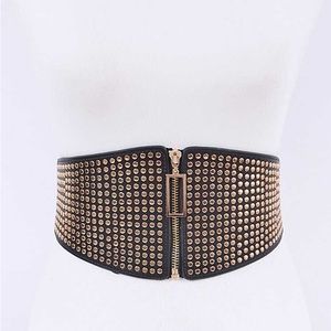 Black Leather Wide Elastic Studded Waist Statement Belt